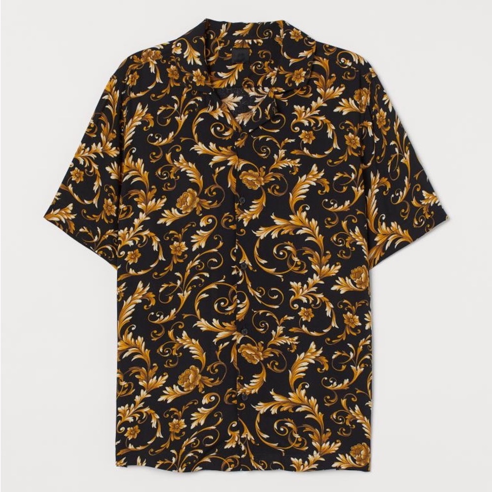 ISO H&M Men’s Patterned Resort Shirt in Black and Gold (Sizes XS, S, and M)
